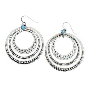 Pierced Earrings 3 Ring Silver Color Turquoise Stone Drop Circles